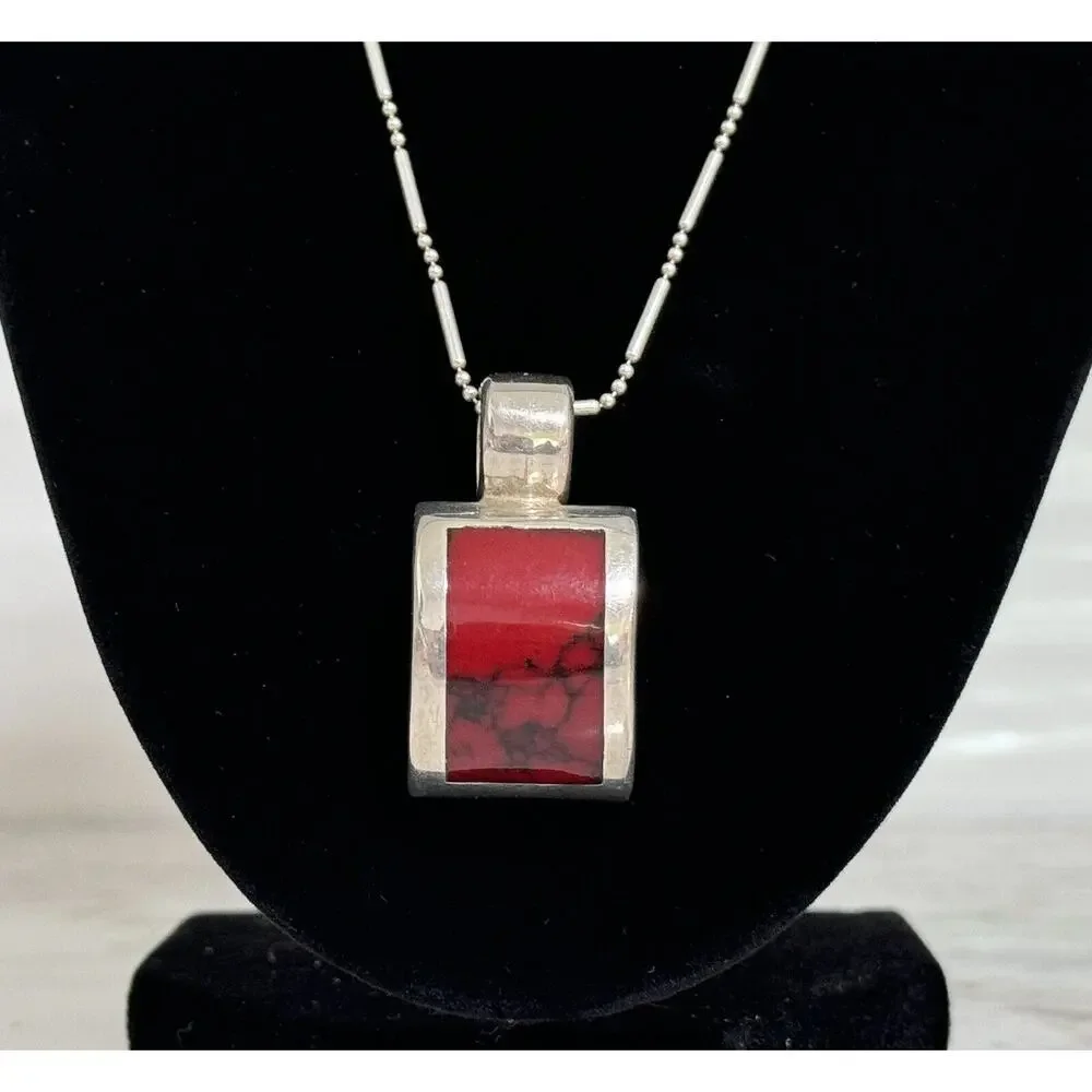 Vintage Sterling Silver Taxco Mexico Red Jasper Pendant Necklace 18in